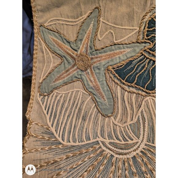 Pier One Table Runner 74” Coastal Embroidered Sea Shell Star Fish Neutral READ - Picture 5 of 12